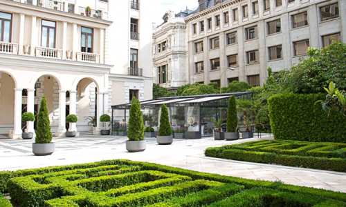 Champán y caviar al alcance de todos en la terraza de un jardín de ensueño.