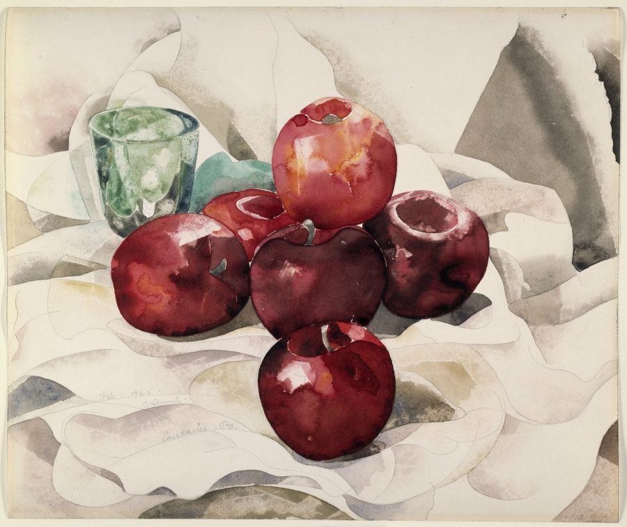 Still Life: Apples and Green Glass, 1925. Charles Demuth, American, 1883 1935. Watercolor and graphite on wove paper, 11 13/16 × 13 3/4 inches. The Art Institute of Chicago, Olivia Shaler Swan Memorial Collection. Philadelphia Museum.