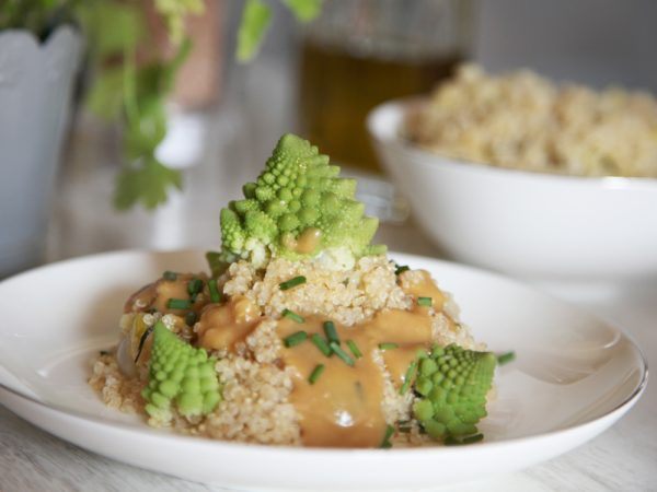 Romanesco con quinoa y crema de setas portobello.