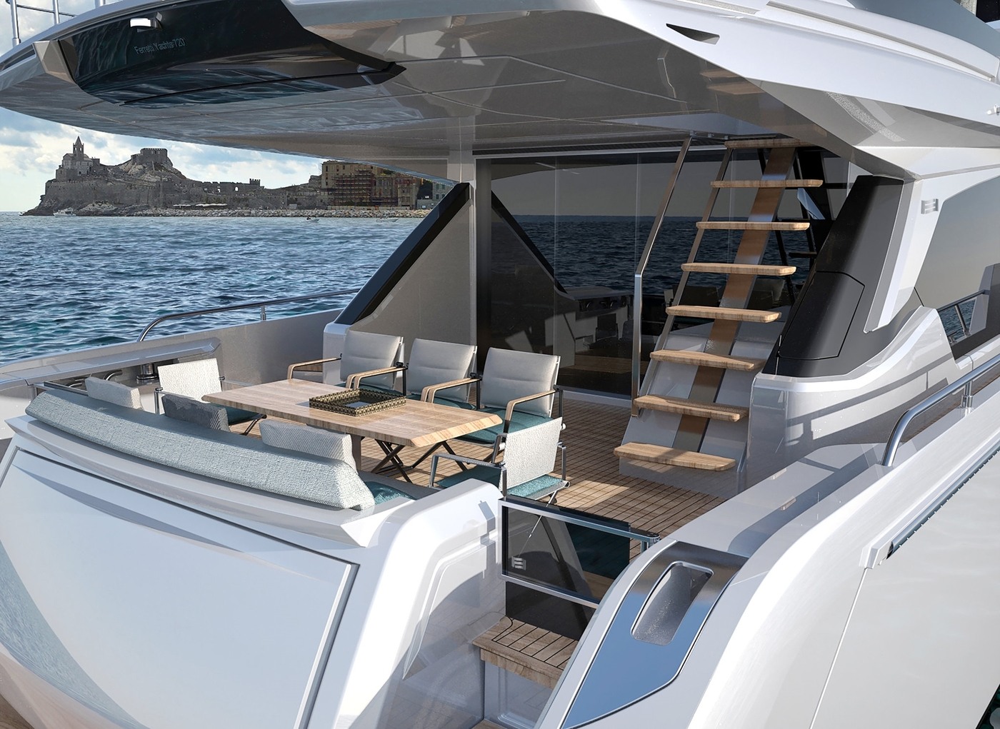imagen 6 de Ferretti Yachts 720, un yate como una casa de verano sobre el mar.