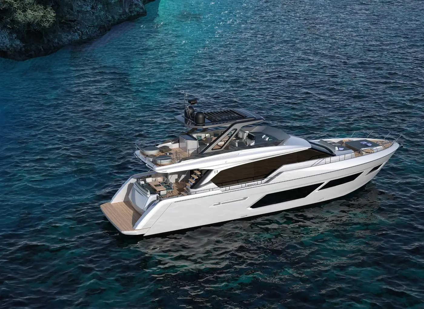 imagen 1 de Ferretti Yachts 720, un yate como una casa de verano sobre el mar.