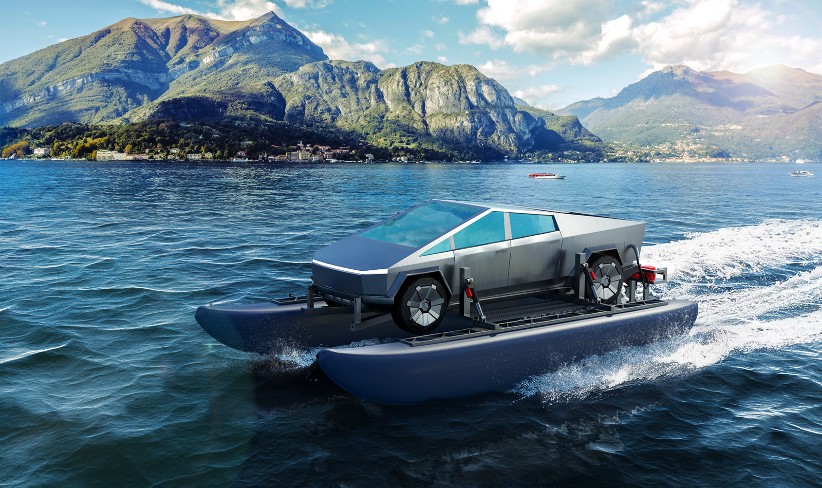 imagen 1 de Cybercat: la saga que abrió en Cybertruck de Tesla salta al agua en su versión catamarán.